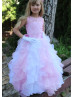 Illusion Neck Pink Lace Organza Ruffle Long Flower Girl Dress